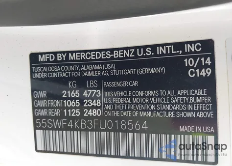 2015 Mercedes-Benz C 300 4Matic from USA, damaged, VIN 55SWF4KB3FU018564